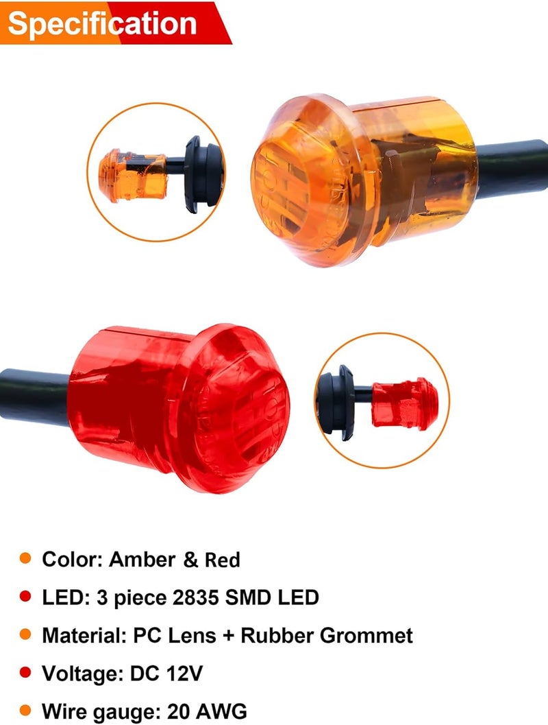 STODER 3/4 Inch Trailer Marker, LED Side Marker Lights, Heavy Duty Waterproof Clearance Lights for Trailers, Trucks, RVs, Buses, Vans - Durable & Bright for Enhanced Safety(Amber 12/Red 12)(24 Pack) - Image 3